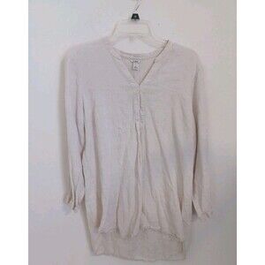 LL Bean Tunic Top Popover 100% Linen Womens Large Ivory Cream Lagenlook V Neck